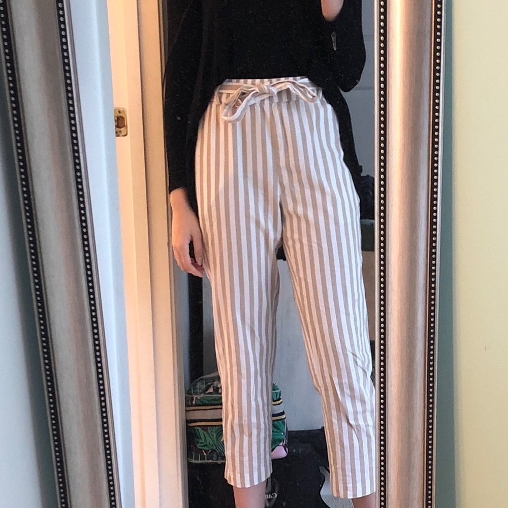 Zara light brown striped linen pants with belt tie